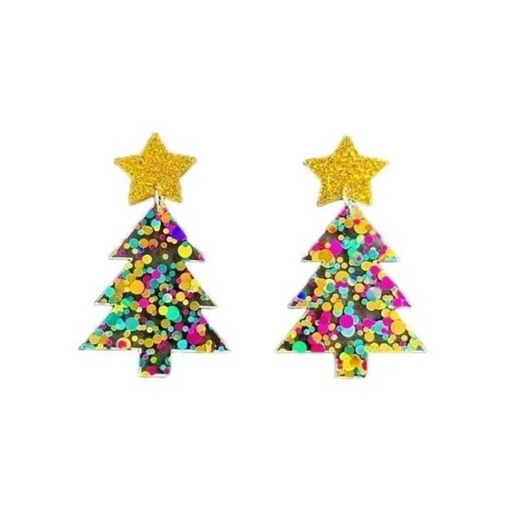 Sparkly Christmas Tree Earrings Star‎ Gold Glittery Holiday Festive Dangle